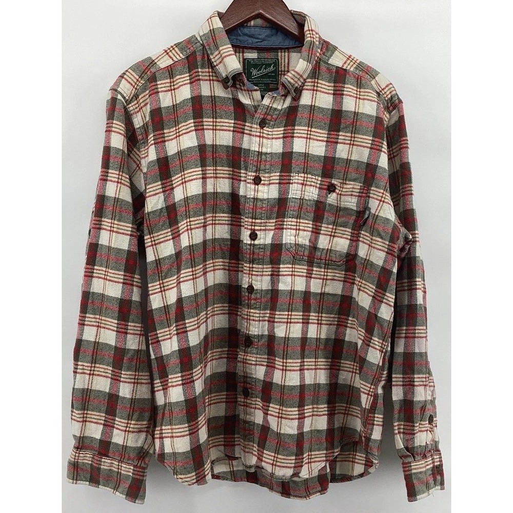 Woolrich Flannel Plaid  Red White Black 100% Cotton Button Up Shirt L